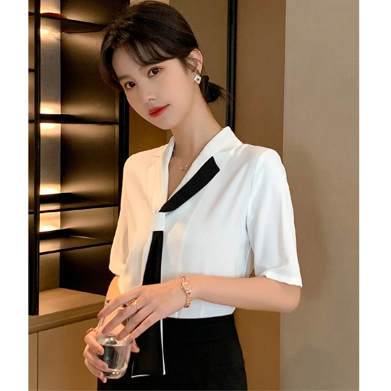 百搭韩版2024年短袖衬衣设计感小众宽松衬衫系带女上衣新款夏白色