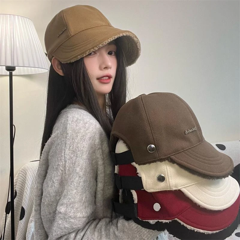 秋冬新款宽檐显脸小鸭舌帽外出双面戴可挂口罩加绒保暖百搭鸭舌Q