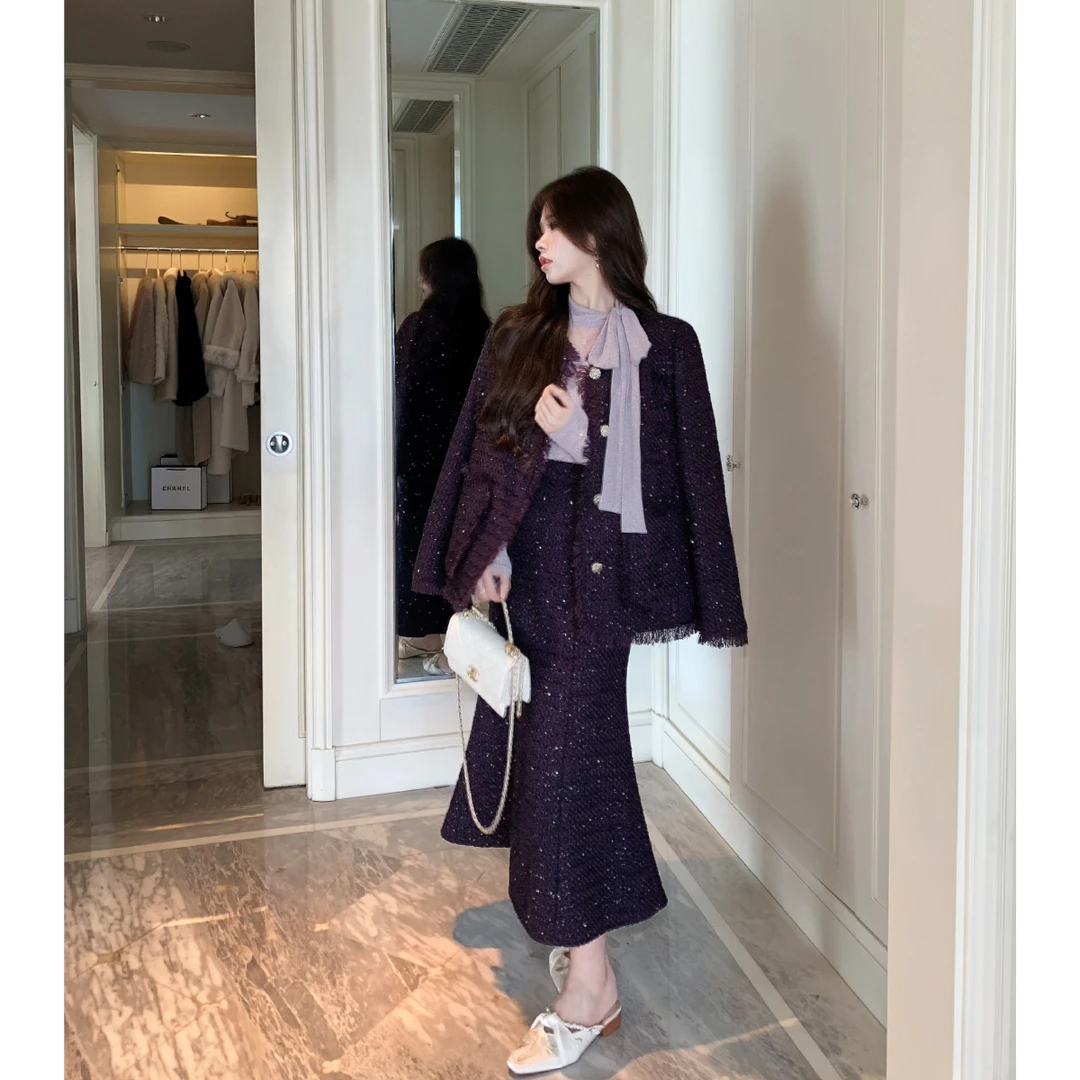 李潇洒【暗香浮动】微胖大码秋冬夹YAYA粗花呢小香外套半裙千金套装