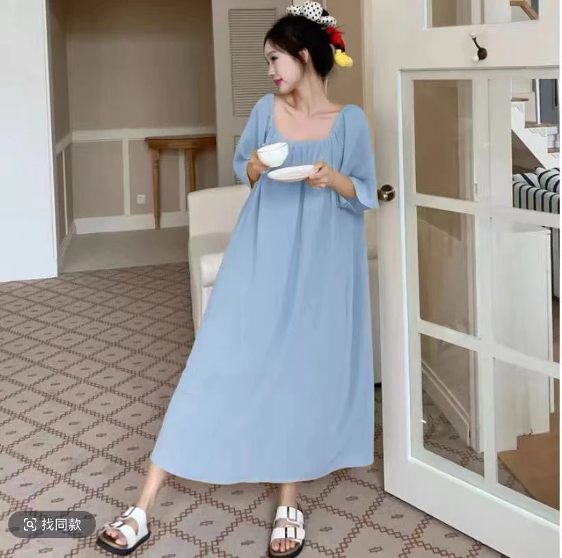 夏天莫兰迪色睡裙女棉绸冰凉感甜美百搭宽松过膝长裙大码可一字肩