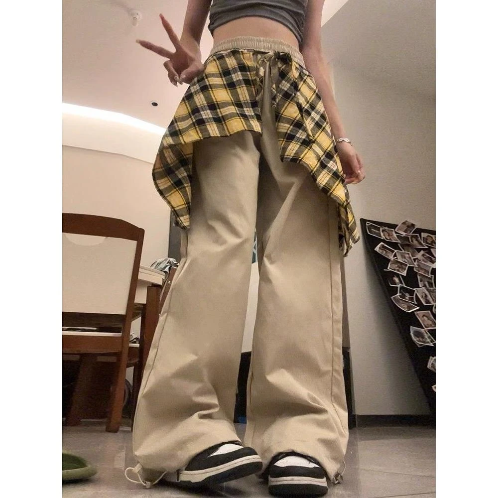 美式复古休闲裤女秋季格子裙摆设计感宽松直筒hiphop爵士街舞裤子