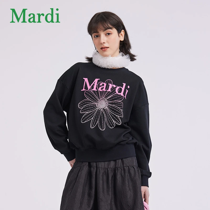 Mardi雏菊渐变秋冬中长款圆领印花卫衣宽松丁达尔风MWY2512031