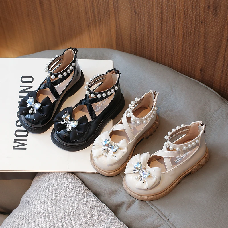 女童皮鞋珍珠蝴蝶结公主鞋2025春秋新款小女孩黑色软底中小童单鞋