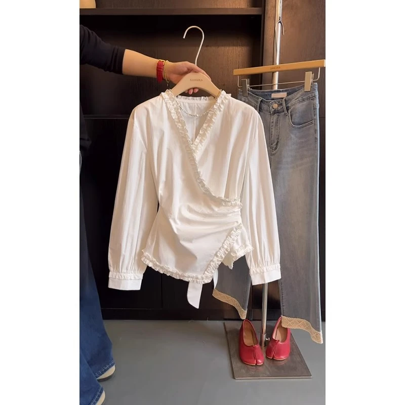 法式设计感荷叶边V领衬衫女2025年春秋新款时尚绑带收腰长袖上衣