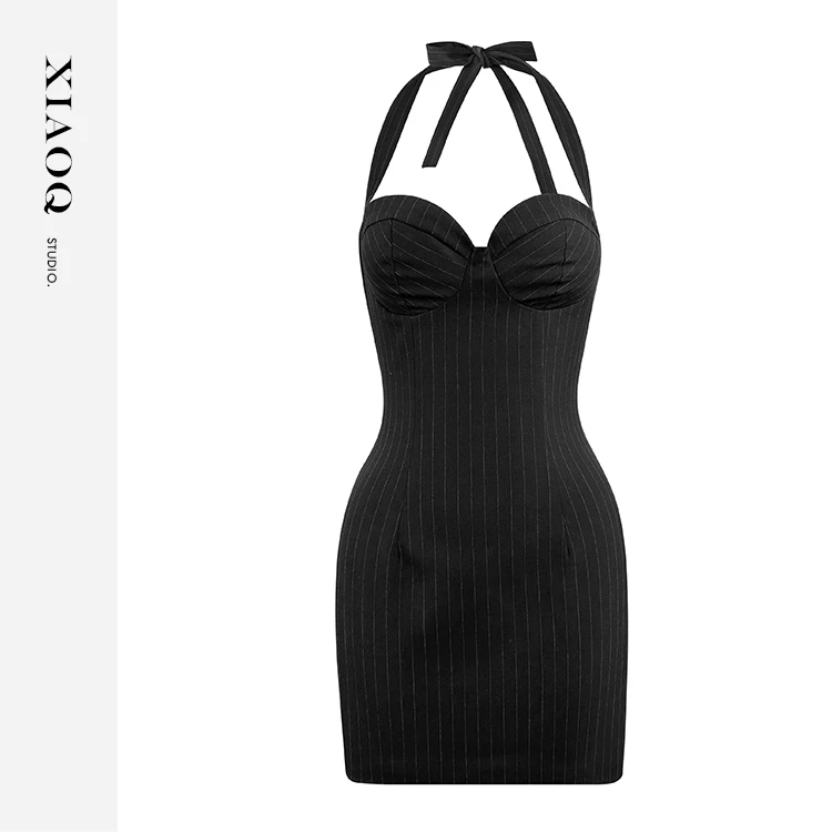 【小Q家】46810深灰色挂脖条纹胸垫连衣裙T