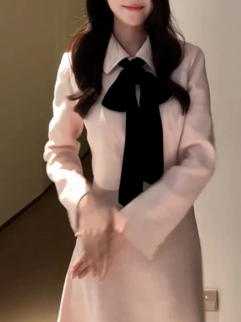 【现货】大码千金风长袖女短外套小香风翻领半裙套装加棉秋冬1092