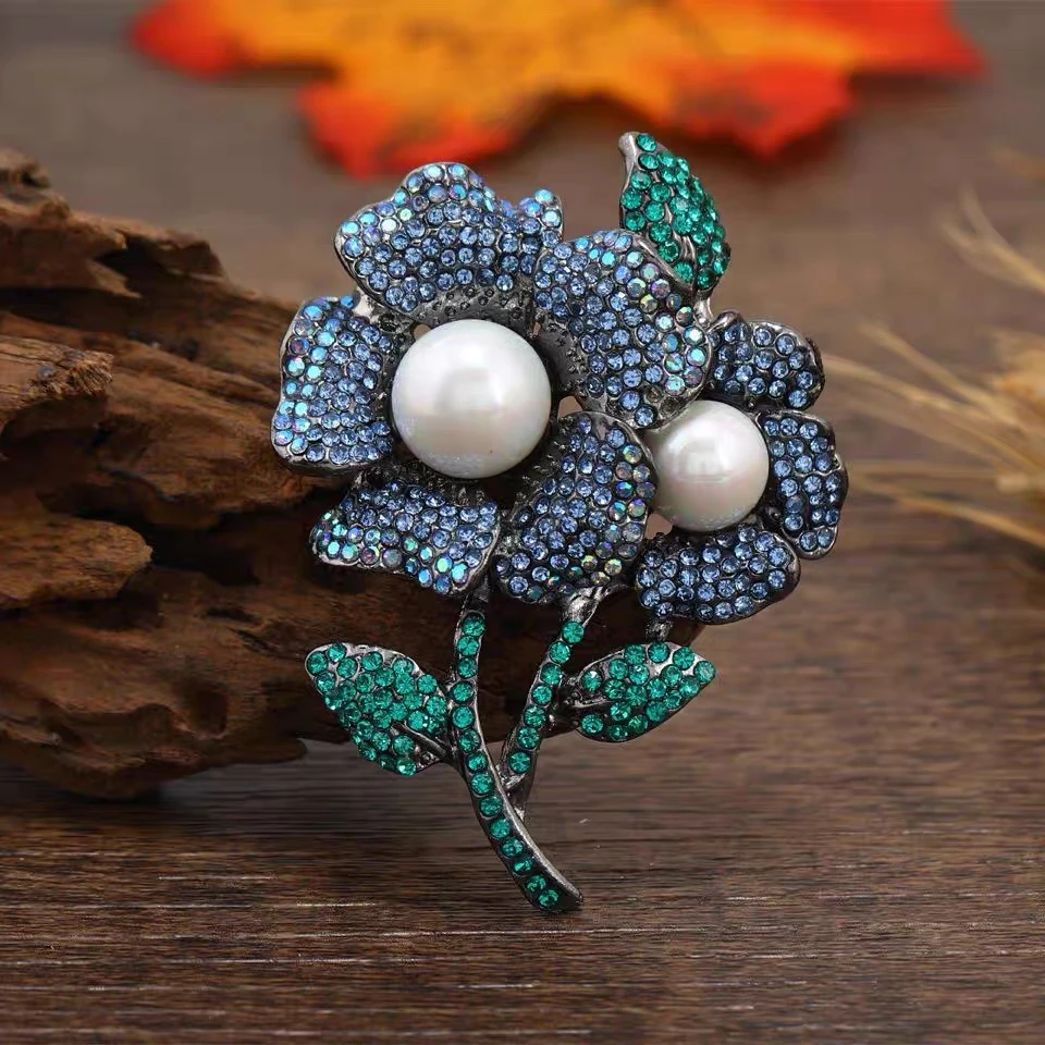 合金仿珍珠胸针 两朵蓝色太阳花气质高级感胸针 F1-070