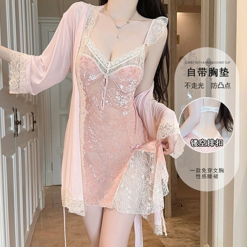 甜美诱惑飞袖深V露背加胸垫丝绒睡裙外袍女套装5960