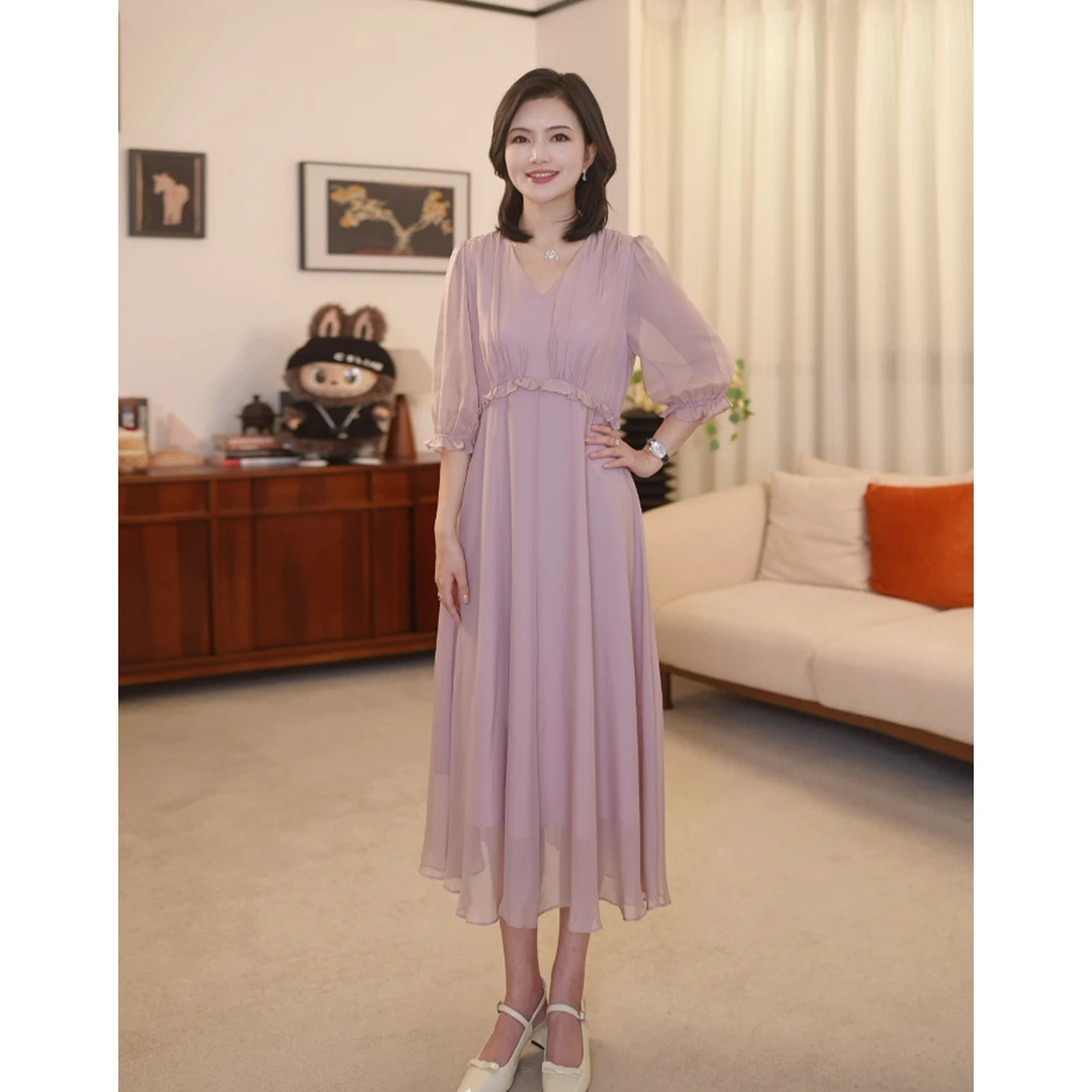 枫竺阿楠anan100桑蚕丝V领气质收腰显瘦纯色女夏中长款真丝连衣裙