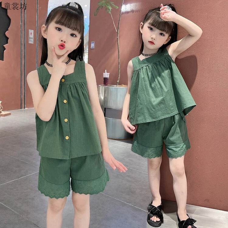 新款夏季甜美女童两面穿套装时尚百搭柠檬绿墨黄童短袖儿童洋气