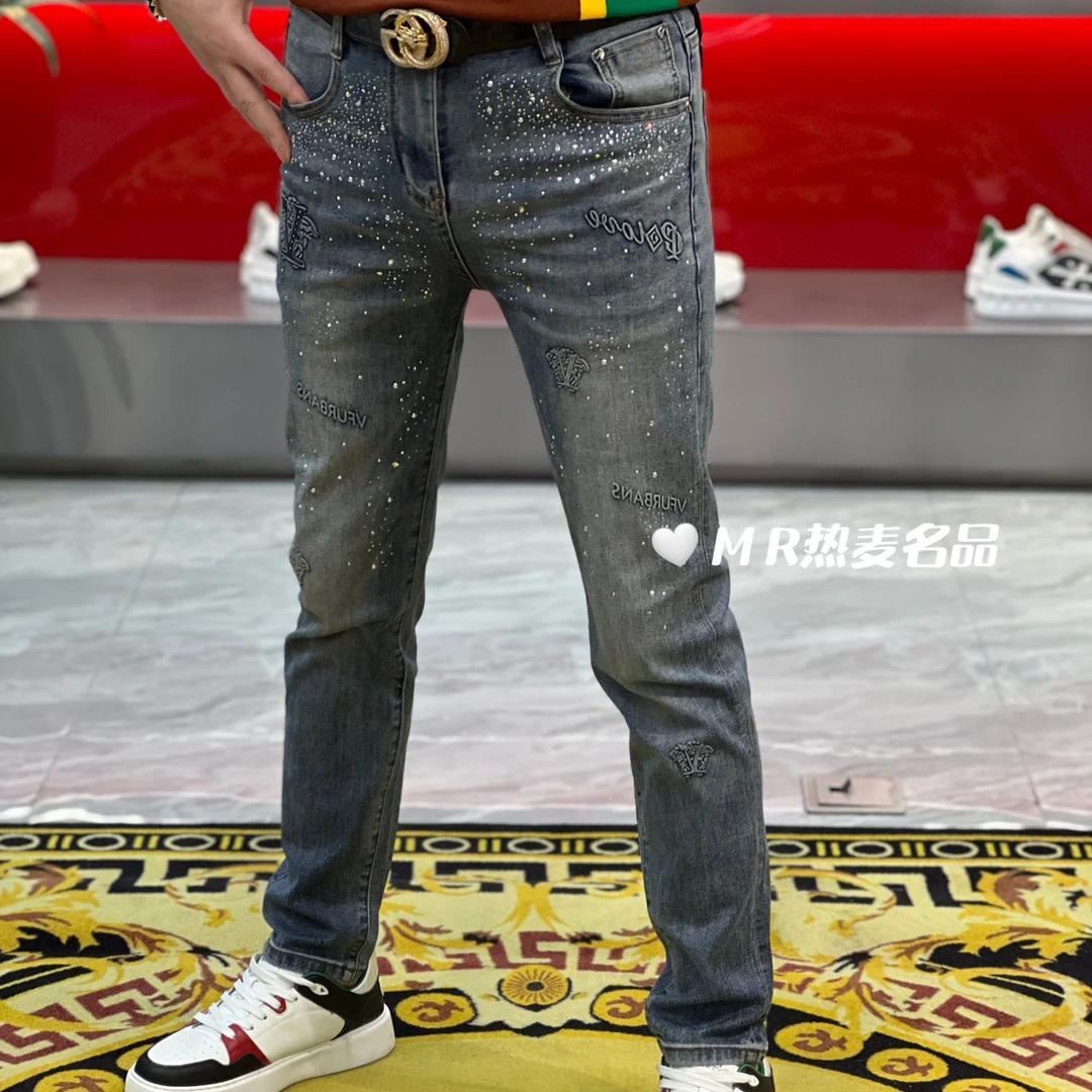 【星欧甄选】夏季牛仔裤美人轧花烫钻25款男士修身弹力小裤脚牛仔裤
