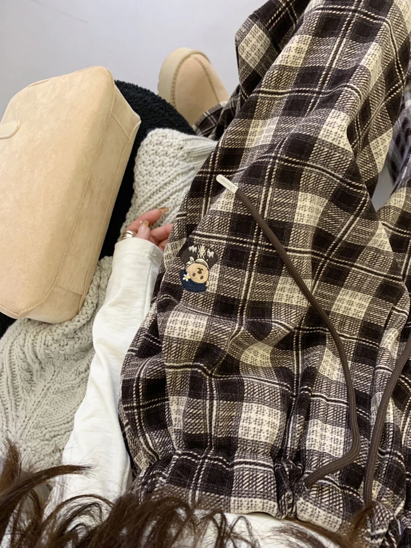 小熊格子外穿长裤松紧保暖宽松冬季休闲裤休闲