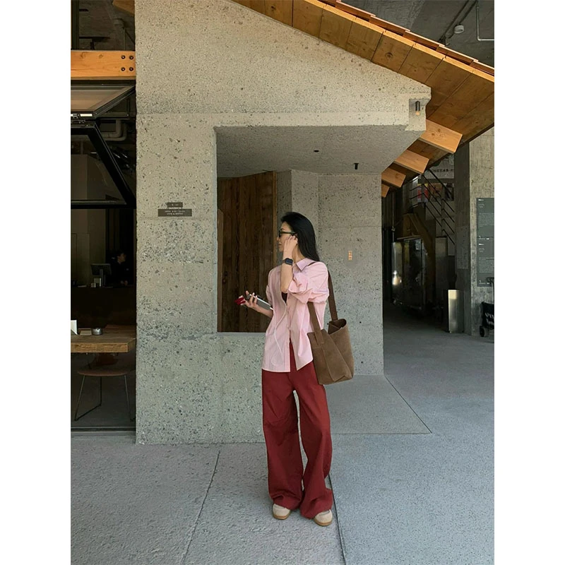 夏季多巴胺穿搭设计感小众洋气防晒长袖衬衫上衣高腰宽松直筒裤女