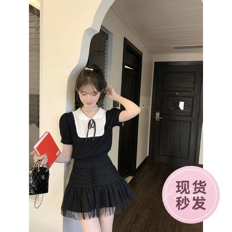 Mimo小茗萌黑色短款网纱拼接半身裙裤女夏季修身a字裙短裙