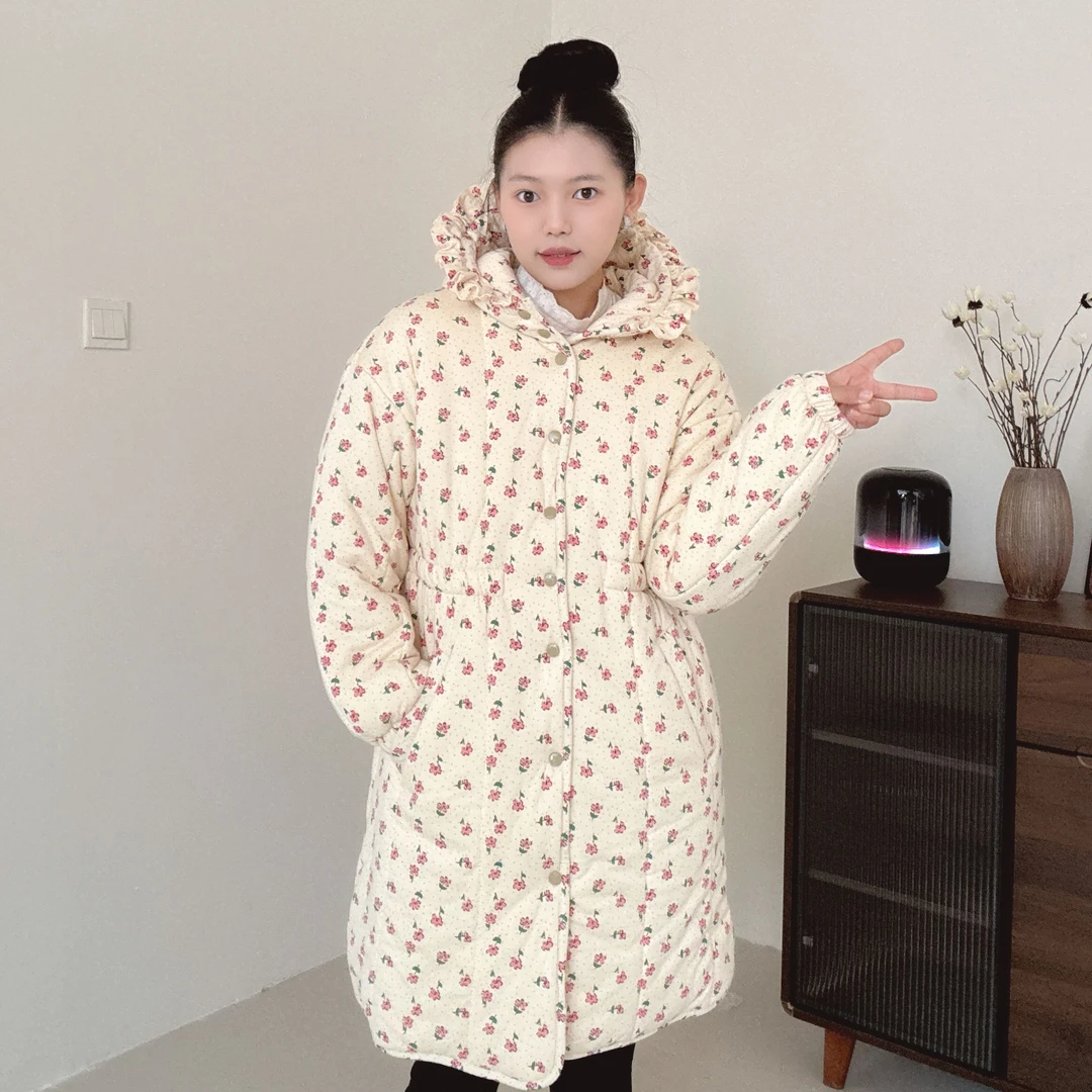 【粉色小花】300g新疆棉花边帽收腰中长款宽松家居服女保暖棉衣棉服