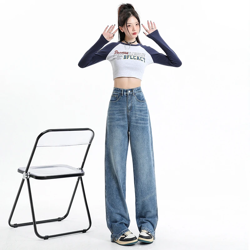 8860阔腿小开叉女春季新款宽松高腰垂感百搭拖地裤显瘦直筒春秋