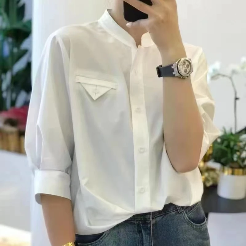 【凡黛卡】【拉拉专属】纽扣法式立领夏季衬衫设计感中袖衬衣休闲