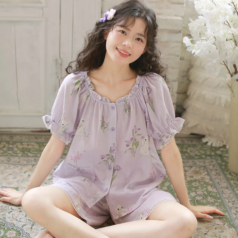 『鸢尾兔短袖款』带胸垫月子服夏季薄款产后孕妇哺乳纯棉纱布家居服