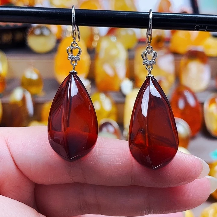 银S925镶嵌颈饰琥珀耳环