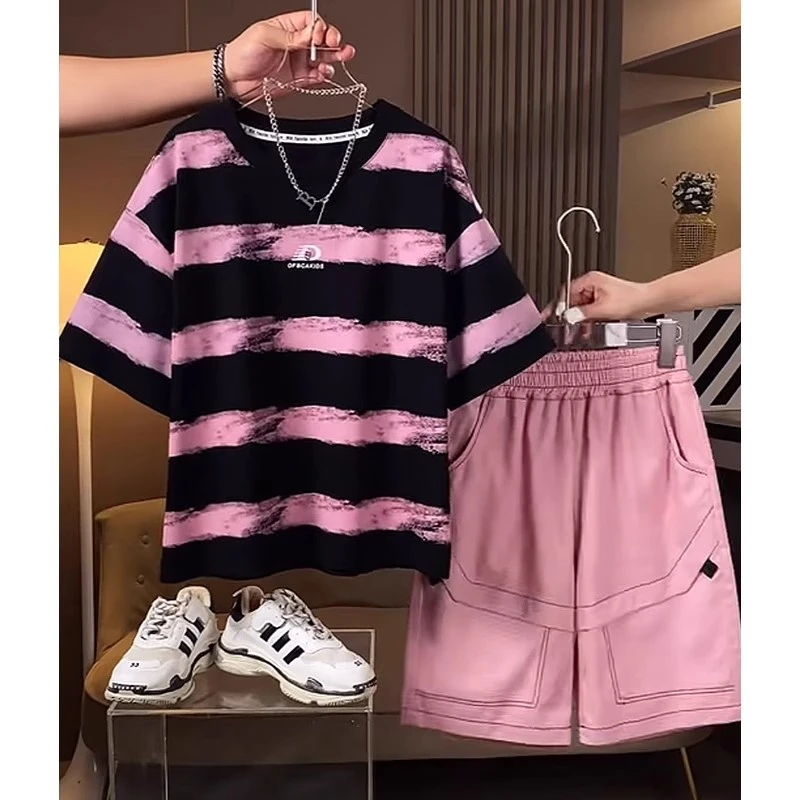 男童夏装短袖套装2025新款中大儿童男孩夏季T恤工装两件套炸街潮t