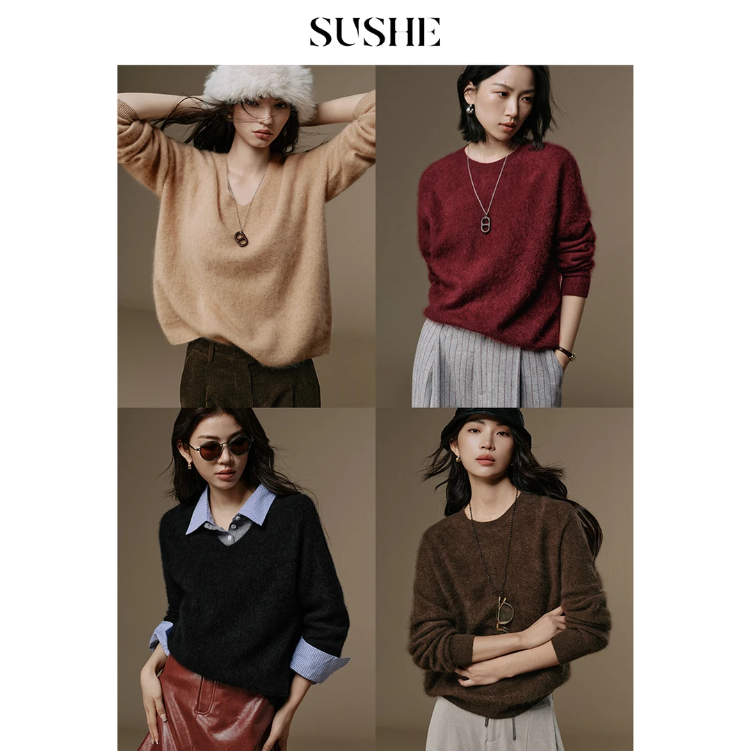 束皙SUSHE 织徙 多巴胺 定染柔软高弹羊绒羊毛圆领百搭套头毛衣女
