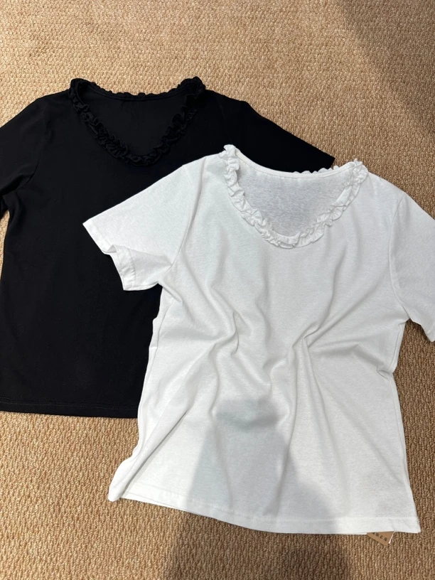 打底衫小众木耳边春夏匹马棉女装T恤常规V领修身短款99