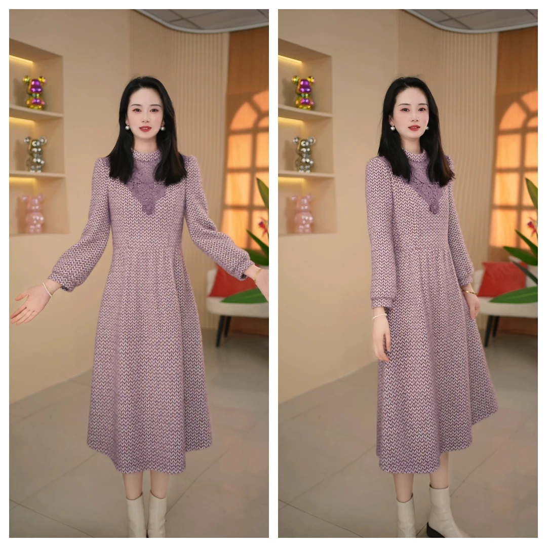2025冬季新款气质修身优雅长裙收腰显瘦百搭立领中长款连衣裙