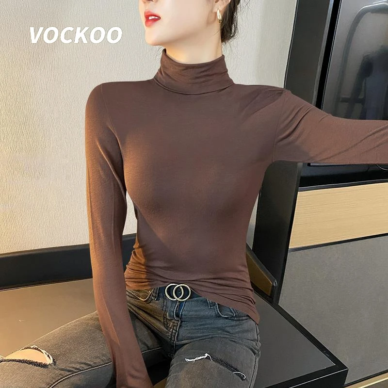VOCKOO咖色高领打底衫女春秋内搭长袖t恤女薄款洋气别致显瘦堆堆