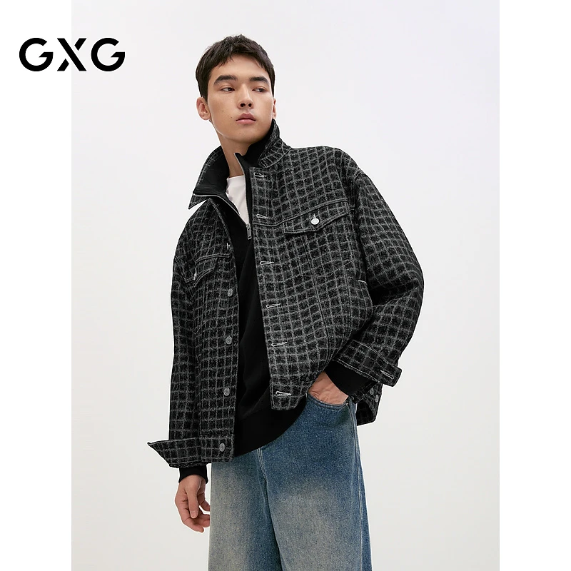 GXG男装 提花格纹男休闲宽松牛仔外套夹克24秋季#G24DE83012