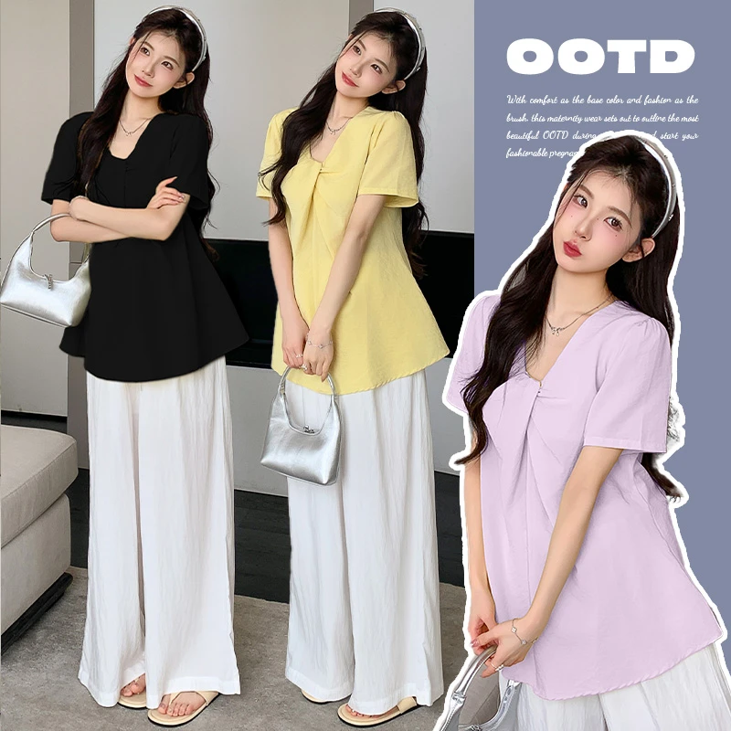 大码孕妇夏季薄款2025新款短袖上衣+可调节九分阔腿裤两件套套装