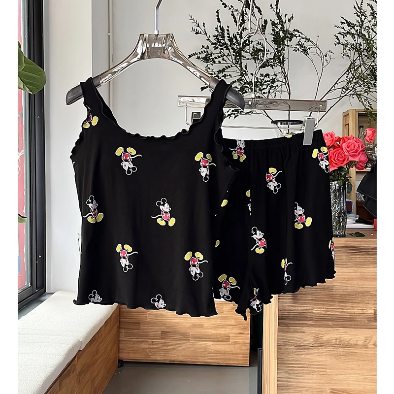 米诗缇【带胸垫米奇背心黑色】小众设计师可外穿短袖短裤家居服睡衣