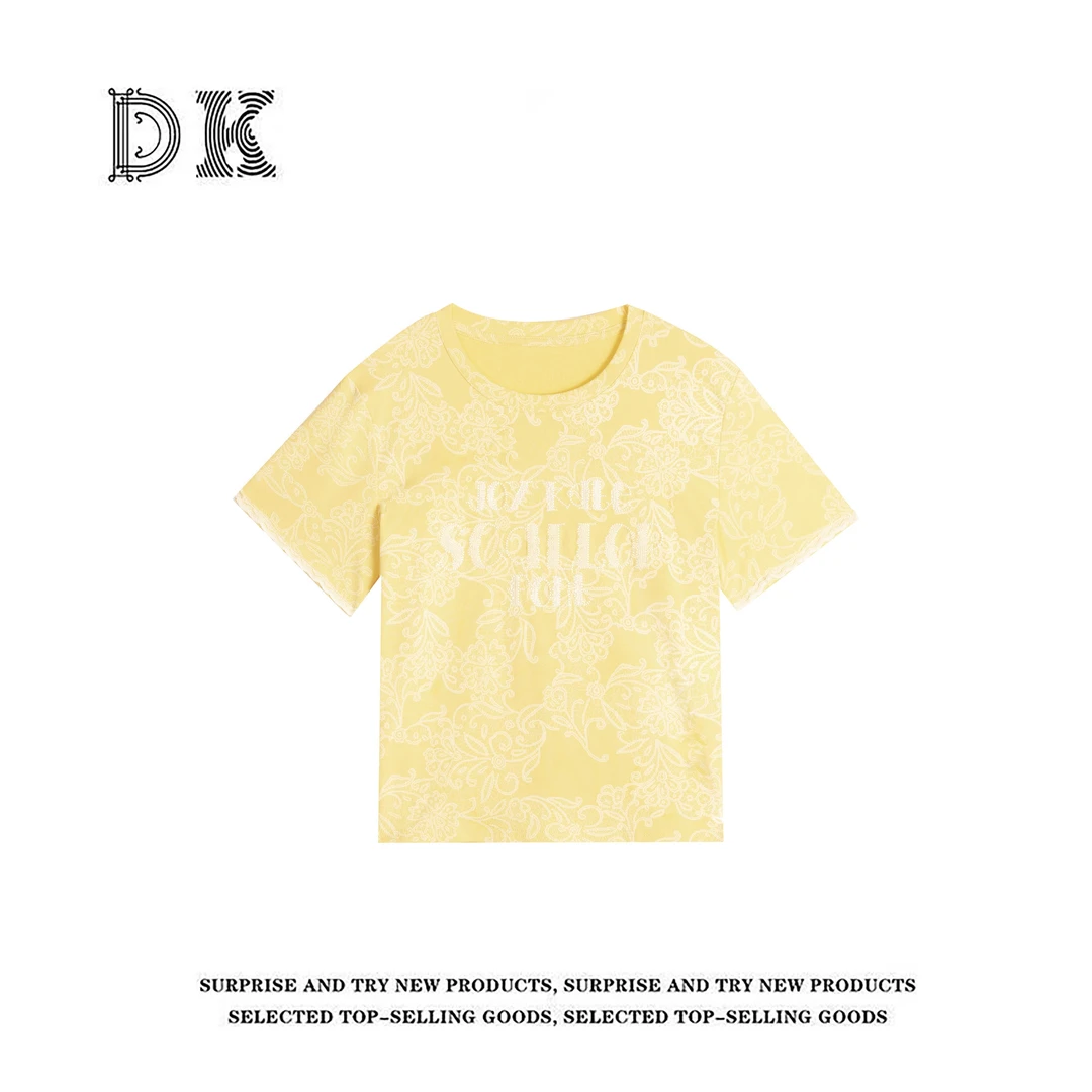 『落日与你』2025年夏季新款蕾丝拼接重工显白圆领T恤【DK】