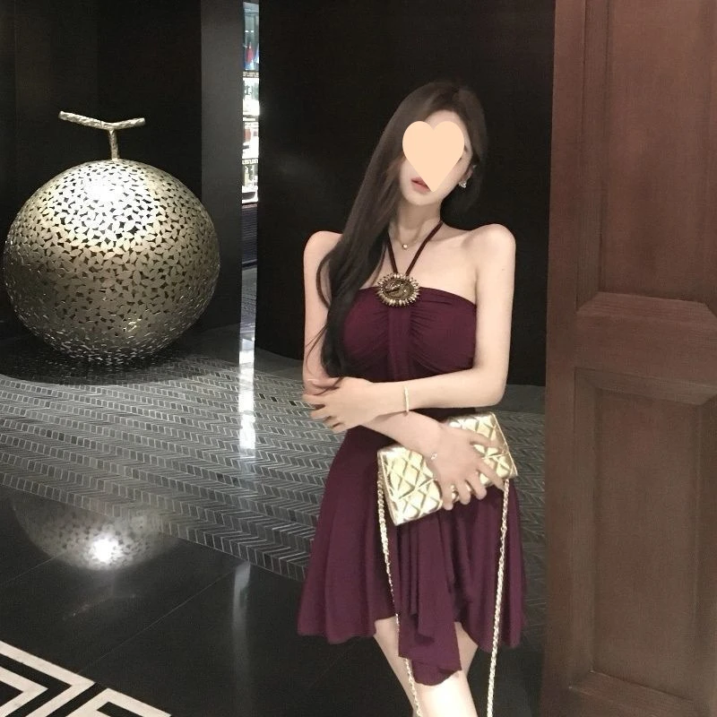 紫色重工挂脖吊带抹胸连衣裙女夏季法式名媛气质收腰显瘦裙子