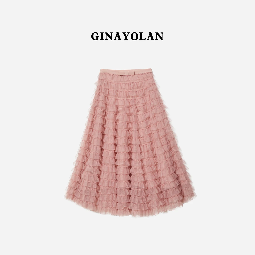 GINAYOLAN/瑾颜【婉约斯文】重工网纱层叠荷叶边通勤半裙女