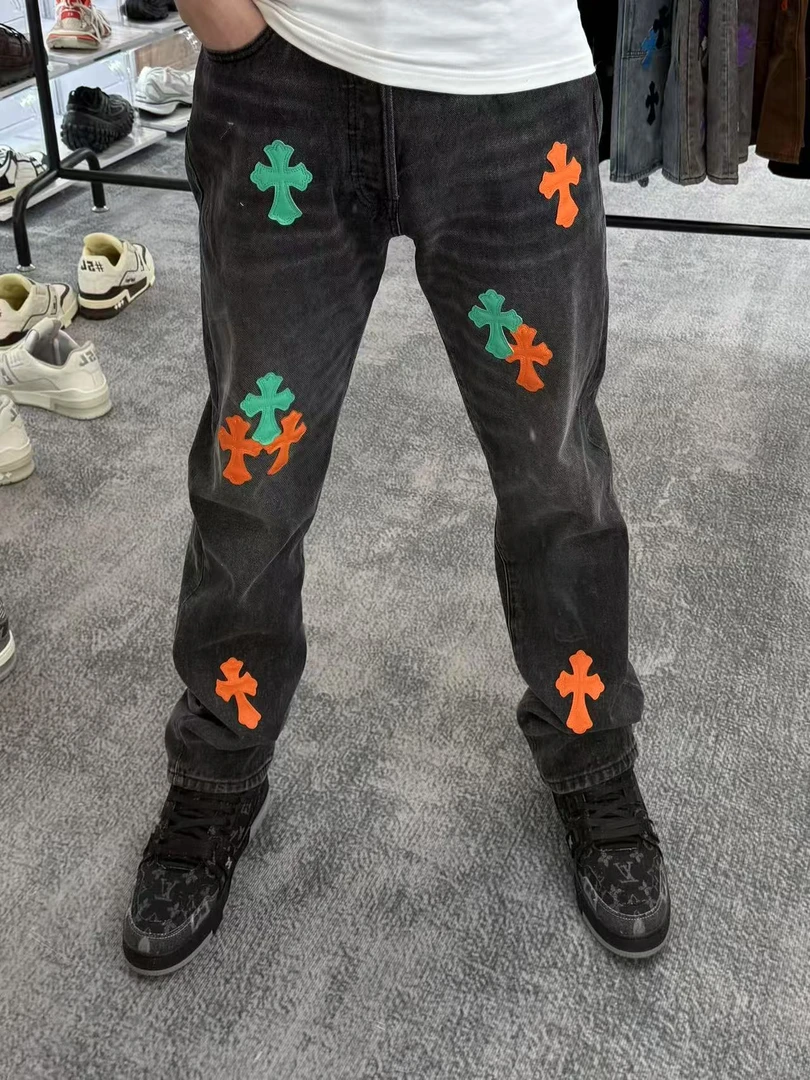 【CH桔色】高街十字架美式休闲显瘦水洗复古贴皮裤子做旧牛仔裤