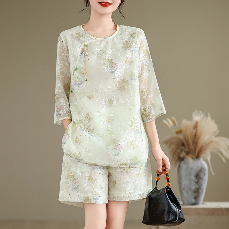 实拍新中式国风短裤套装桑蚕丝宽松刺绣薄纱开衫欧根纱两件套