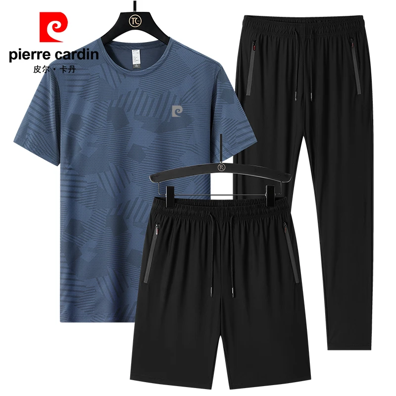 皮尔卡丹休闲套装男士短袖T恤冰丝速干跑步运动服夏天透气三件套