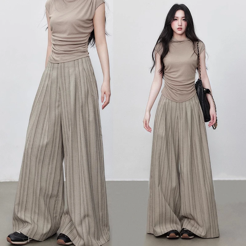 番茄妹妹Tomatosister 条纹阔腿裤夏季新款褶皱休闲百搭直筒长裤