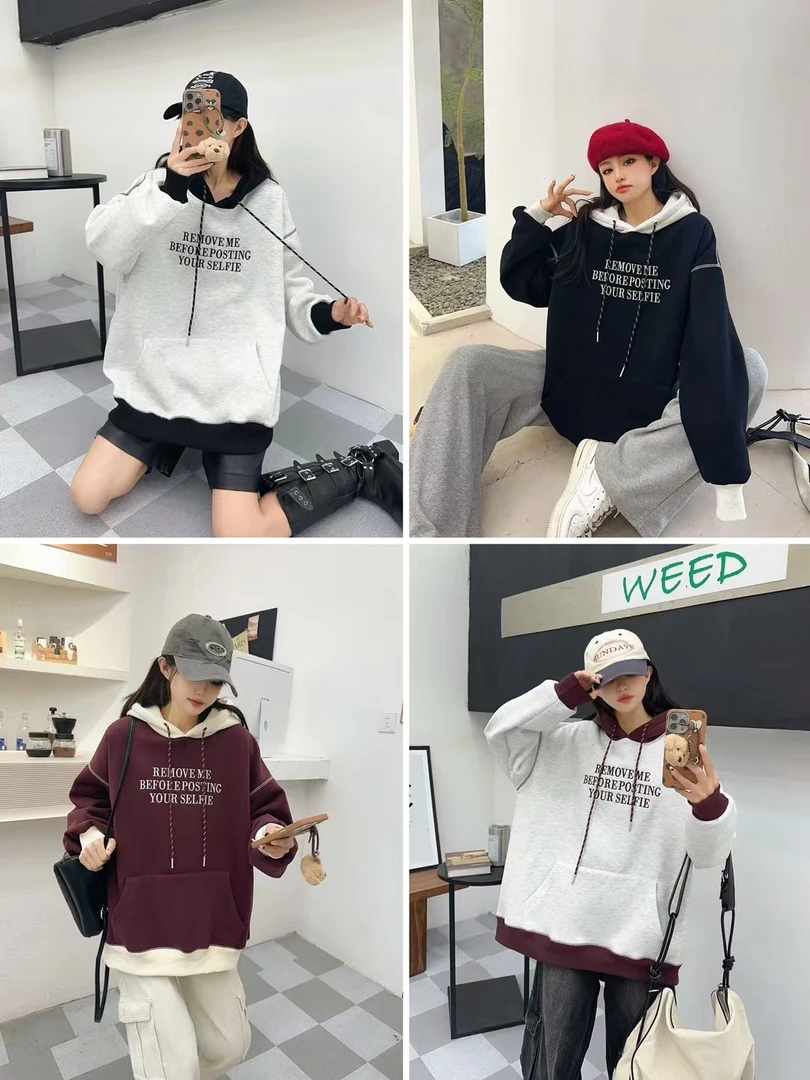 连帽女正肩袖字母卫衣休闲黑色潮流户外印花丝巾百搭女士滑雪