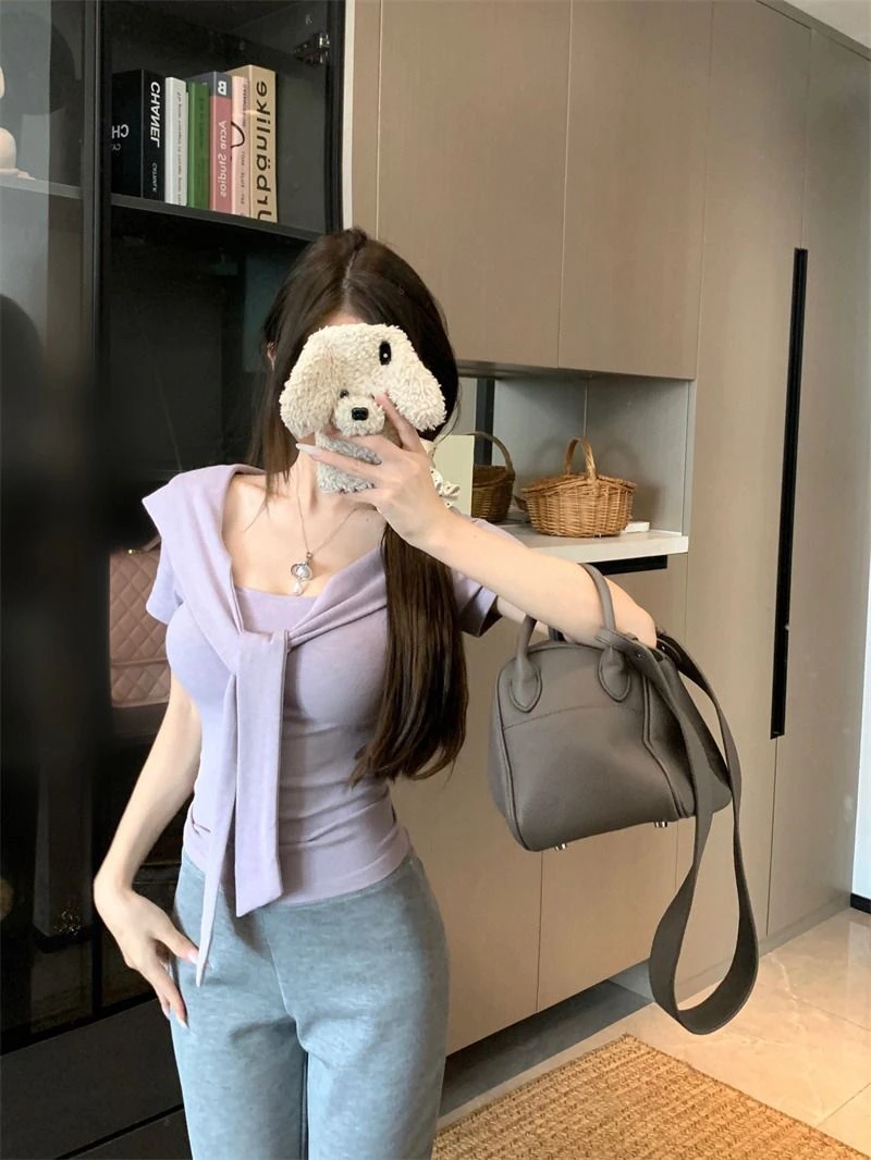 纯欲风紫色绑带披肩假两件上衣女夏季设计感小众修身短款短袖t恤