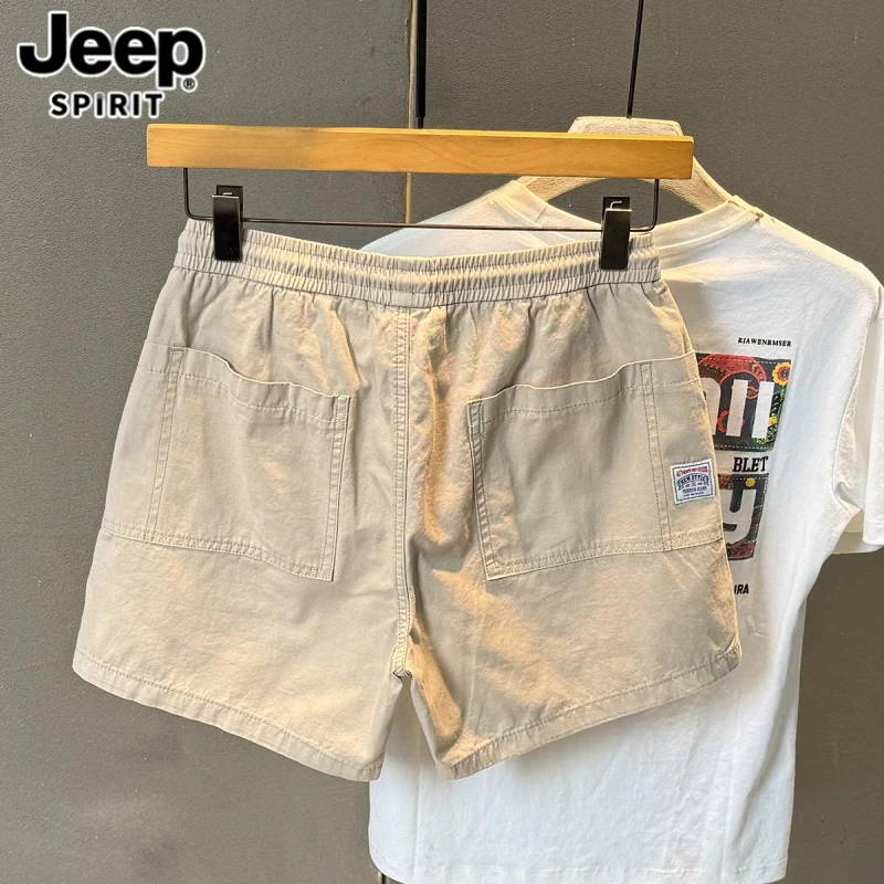 Jeep吉普松紧腰休闲短裤男潮纯棉宽松纯色四男士日系纯棉牛仔短裤