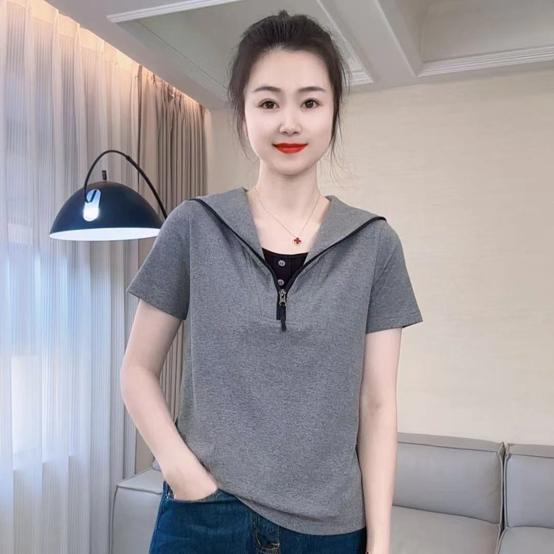 夏季新款拉链海军领短袖T恤590