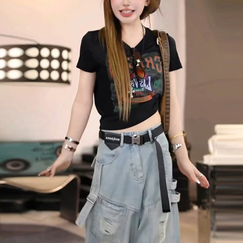 气质印花修身设计感T恤2025夏季新款韩系淑女简约洋气遮肉上衣潮