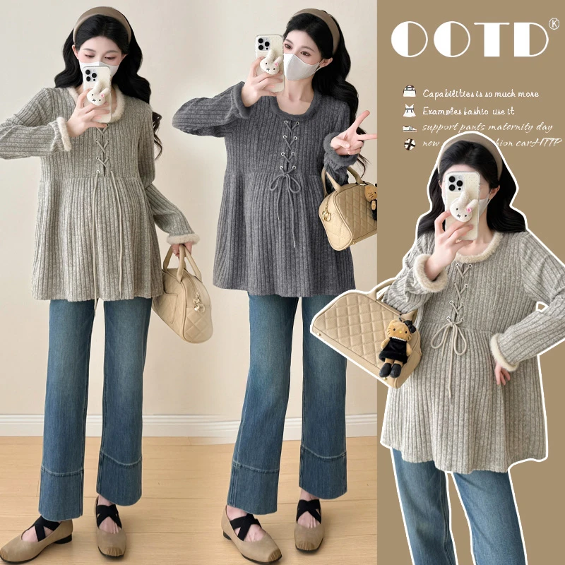 2025孕妇装新款软糯秋冬韩系针织毛领拼接时尚洋气宽松娃娃衫