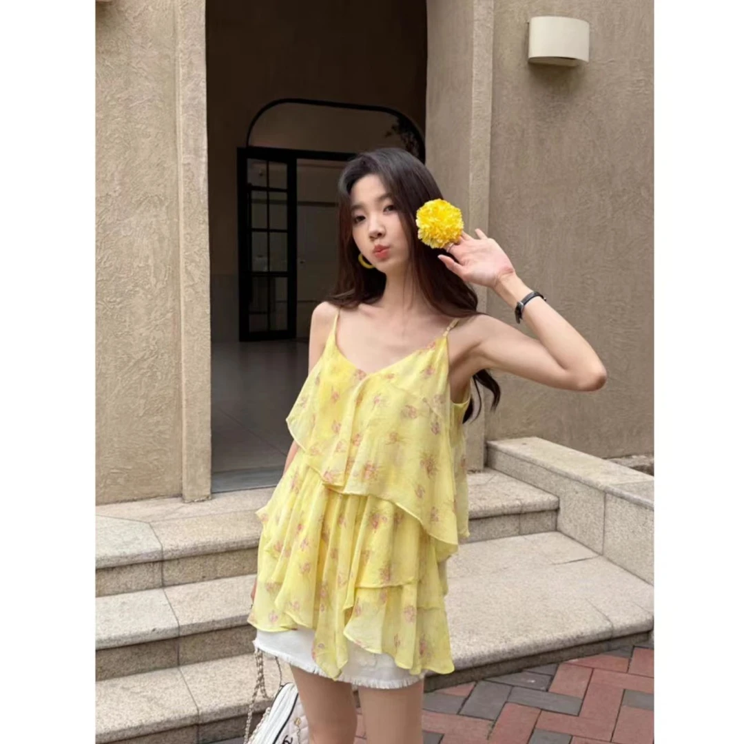 曼曼【雏菊的夏天~】韩版设计感不规则荷叶边印花吊带无袖上衣