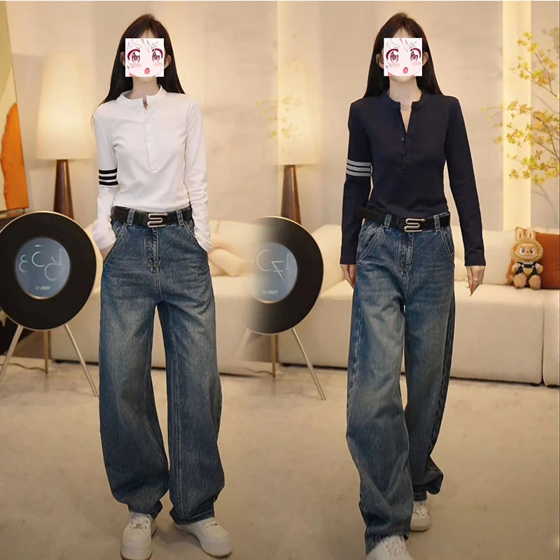 三条杠圆领显瘦正肩长袖T恤高腰长款休闲牛仔裤子时髦秋季两件套