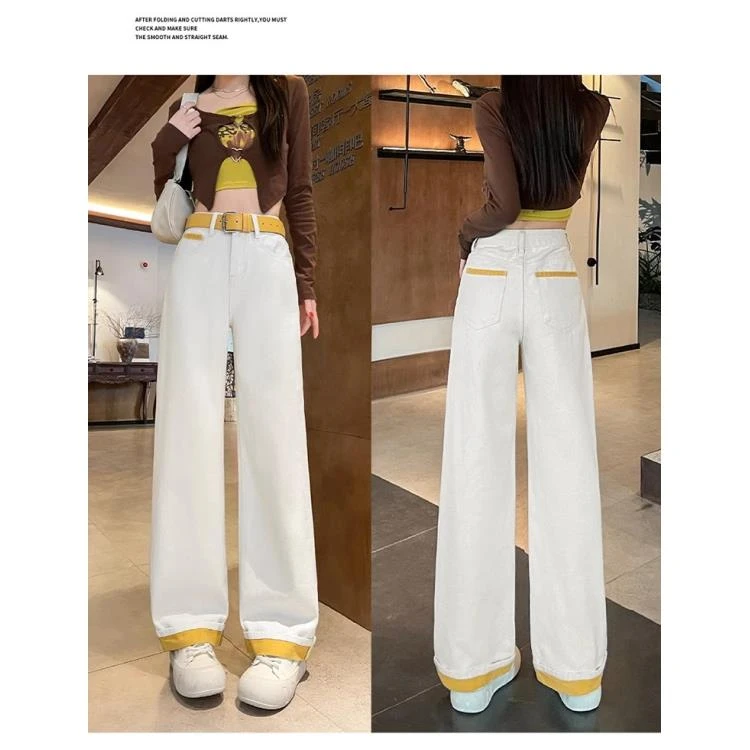 撞色拼接设计直筒牛仔裤女2025夏季爆款高腰显瘦垂感白色阔腿裤