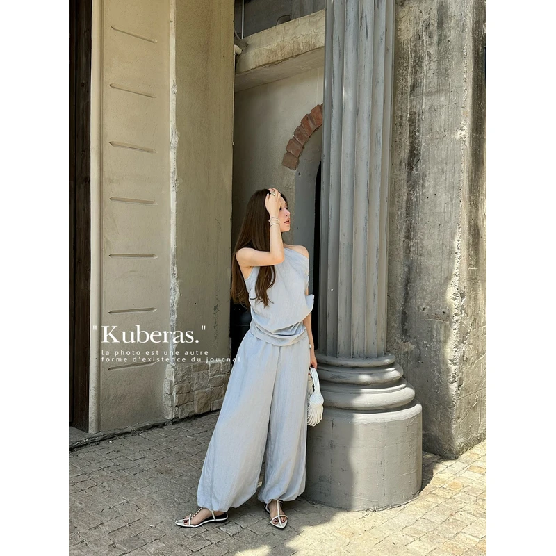 KUBERAS 宽松休闲短款不规则斜肩短袖背心上衣阔腿灯笼裤长裤套装