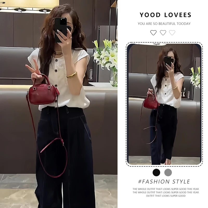 套装显瘦阔腿裤气质休闲衬衫夏季两件套高腰洋气轻奢百搭减龄小众