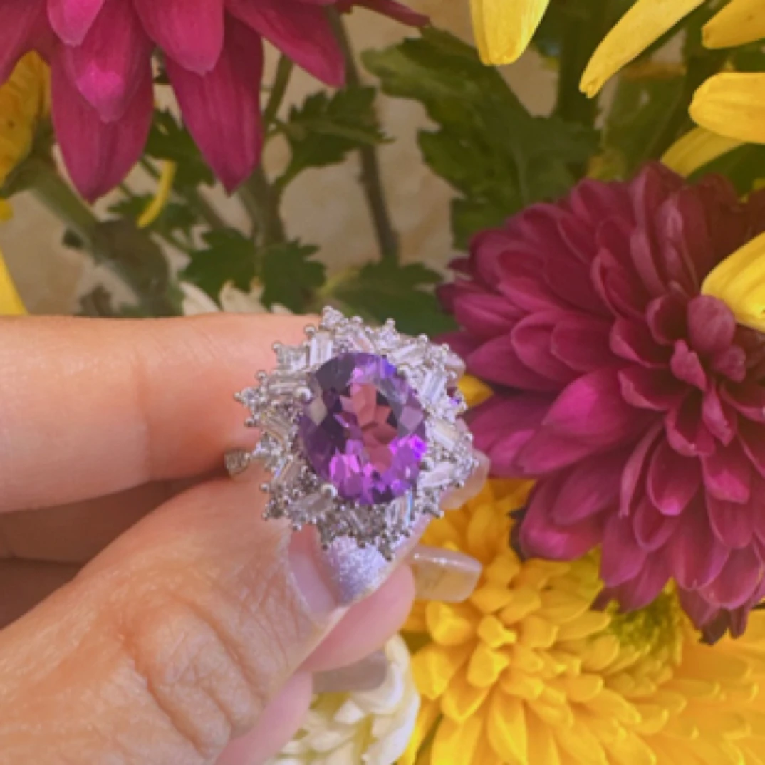 天然紫晶戒指星茫925银镶
